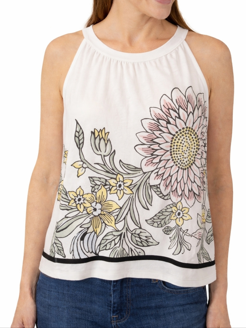 LOFT Floral Top Sleeveless Halter Style White Black Blush Medium